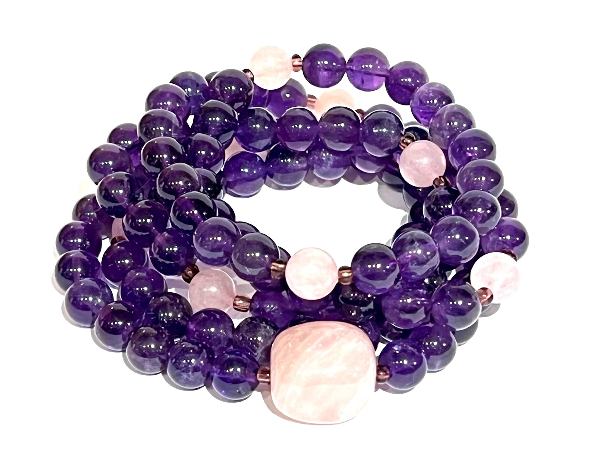 Natural Amethyst Rose Quartz Kriya Mala Necklace 108 Beads Hand-Knotted 8mm SOMA Collection Heart Crown Chakra Healing Emotional Healing Handmade USA AYK