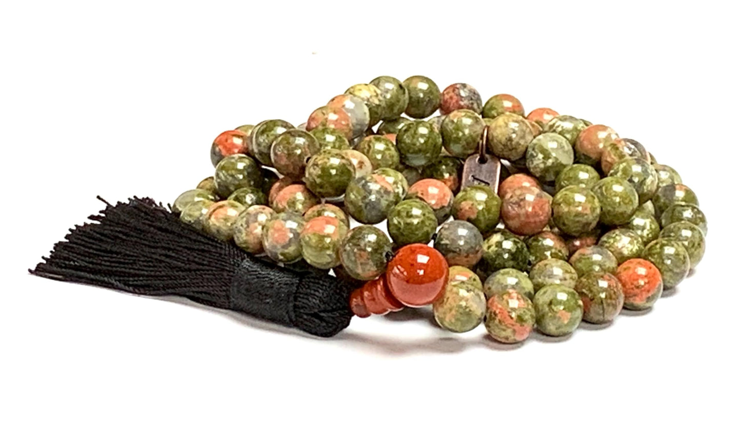 Handmade Heart & Earth Harmony Mala – Unakite Beads with Carnelian Guru | 8mm 108 Beads | Heart & Root Chakras | July Birthstone Energy | Ethically Sourced