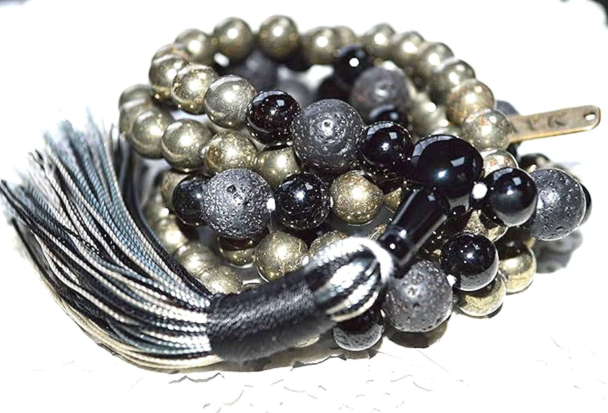 Pyrite Black Tourmaline Lava Stone Mala Necklace 108 Beads VULCAN Collection Hand-Knotted Protection Grounding Fire Element Chakra Healing Volcanic Energy Spiritual Jewelry Handmade USA Natural Stone AYK