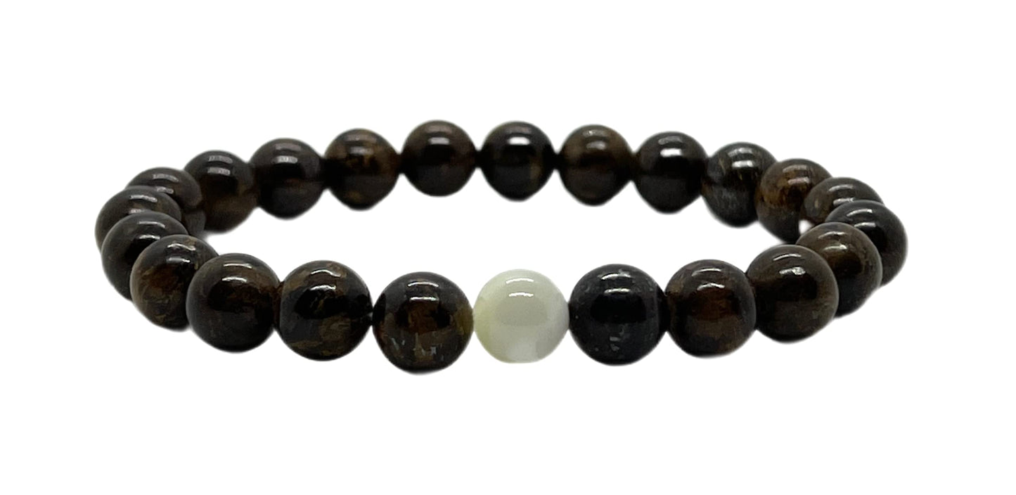 Balance & Harmony: Bronzite & Mother of Pearl Stretch Bracelet (8mm Beads) - Taurus & Gemini Birthstones