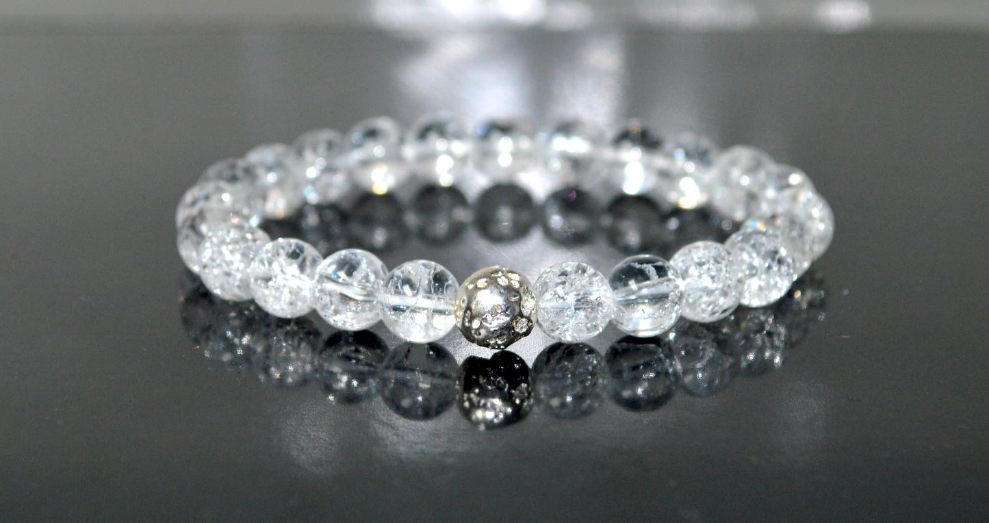 Himalayan Ice Crystal Quartz and Lava Beads Stretch Bracelet – Multi Tone Finish – Aries Birthstone – Universal Sun Sign - Crown Chakra Energy Bracelet