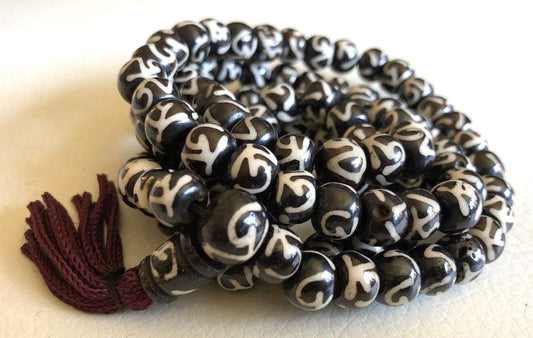 Bone mala beads necklace 108+1 Yakbone mantra chanting beads - Energized 8-10mm Tibetan beads for nirvana tantric sidhi chanting mantra w/Mala Pouch (Black with Om Script on each bead)