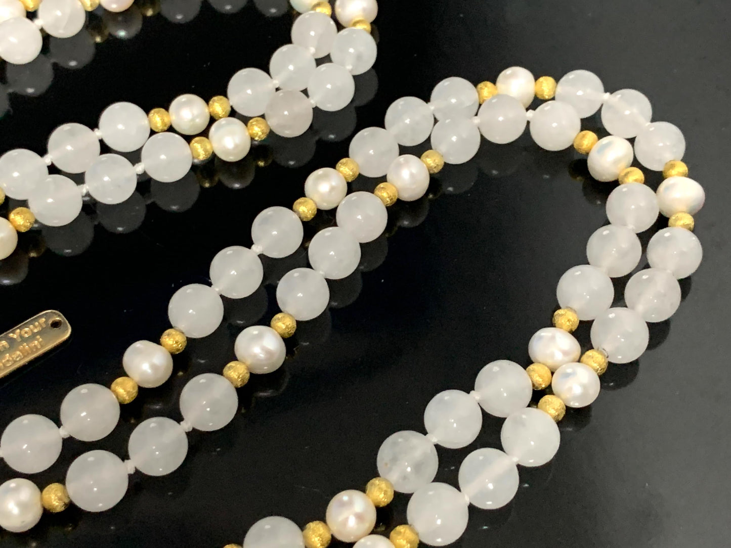 Hand-Knotted Selenite Pearl Mala Necklace with Hematite Guru Bead, 8mm, 108 Beads – Cancer Birthstone for June July - Third Eye Chakra Necklace