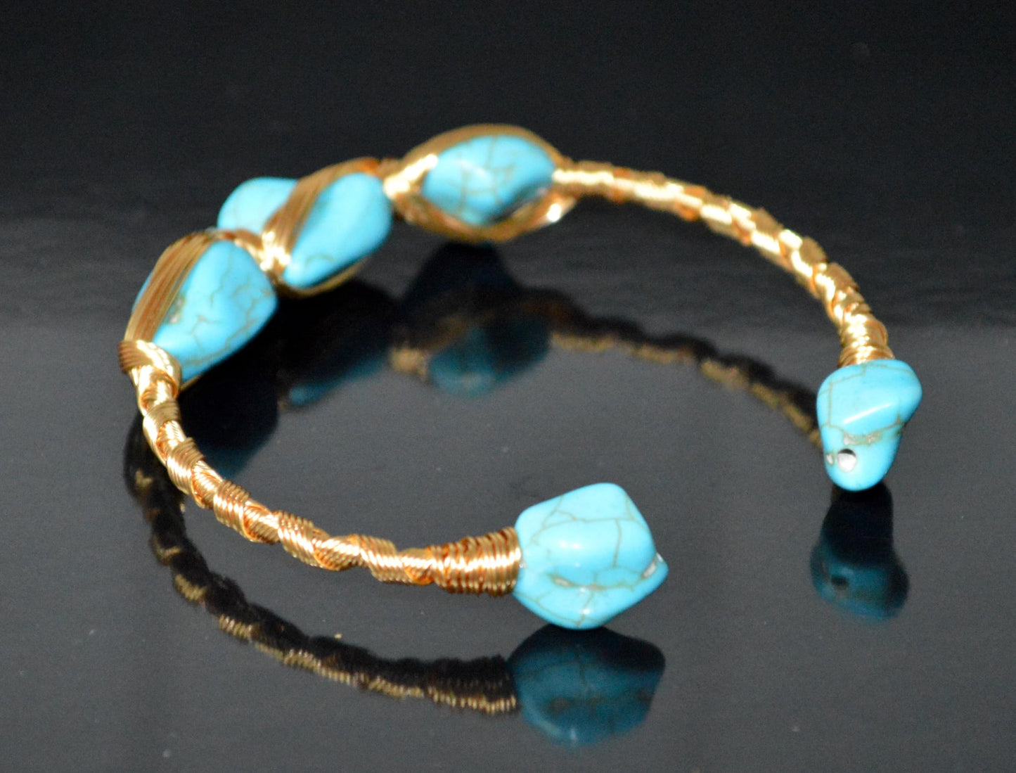Natural Turquoise Bangle – December Birthstone Bracelet – Handmade Wire Wrapped Adjustable Bangle with 18k Gold Plating – Throat Chakra – Ethically Sourced Gemstone Jewelry Gift for Women & Moms