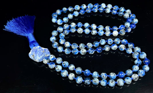 Natural K2 Gemstone Mala Beads Necklace – Virgo Birthstone – 108 Hand Knotted 8mm Beads – Third Eye Chakra – Ethically Sourced Spiritual Crystal Jewelry for Meditation & Style