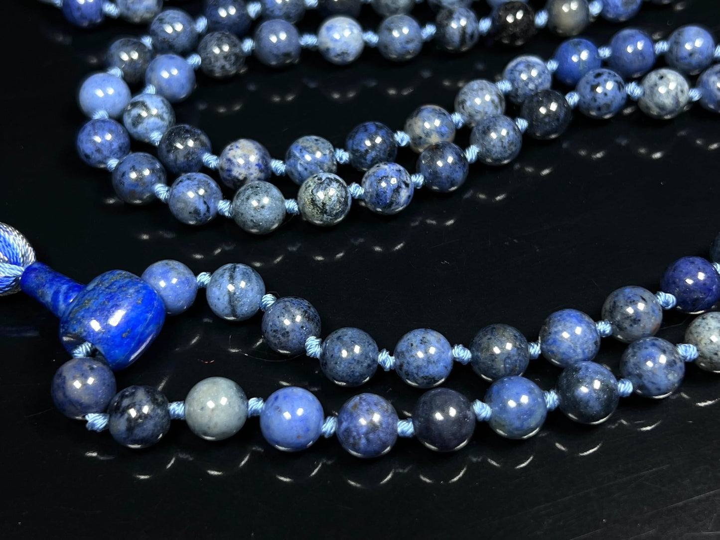 Hand Knotted Dumortierite Mala Necklace β 8mm | 108 Beads | Third Eye & Throat Chakras | September Birthstone Energy | Stone of Mental Clarity & Patience | Ethically Sourced