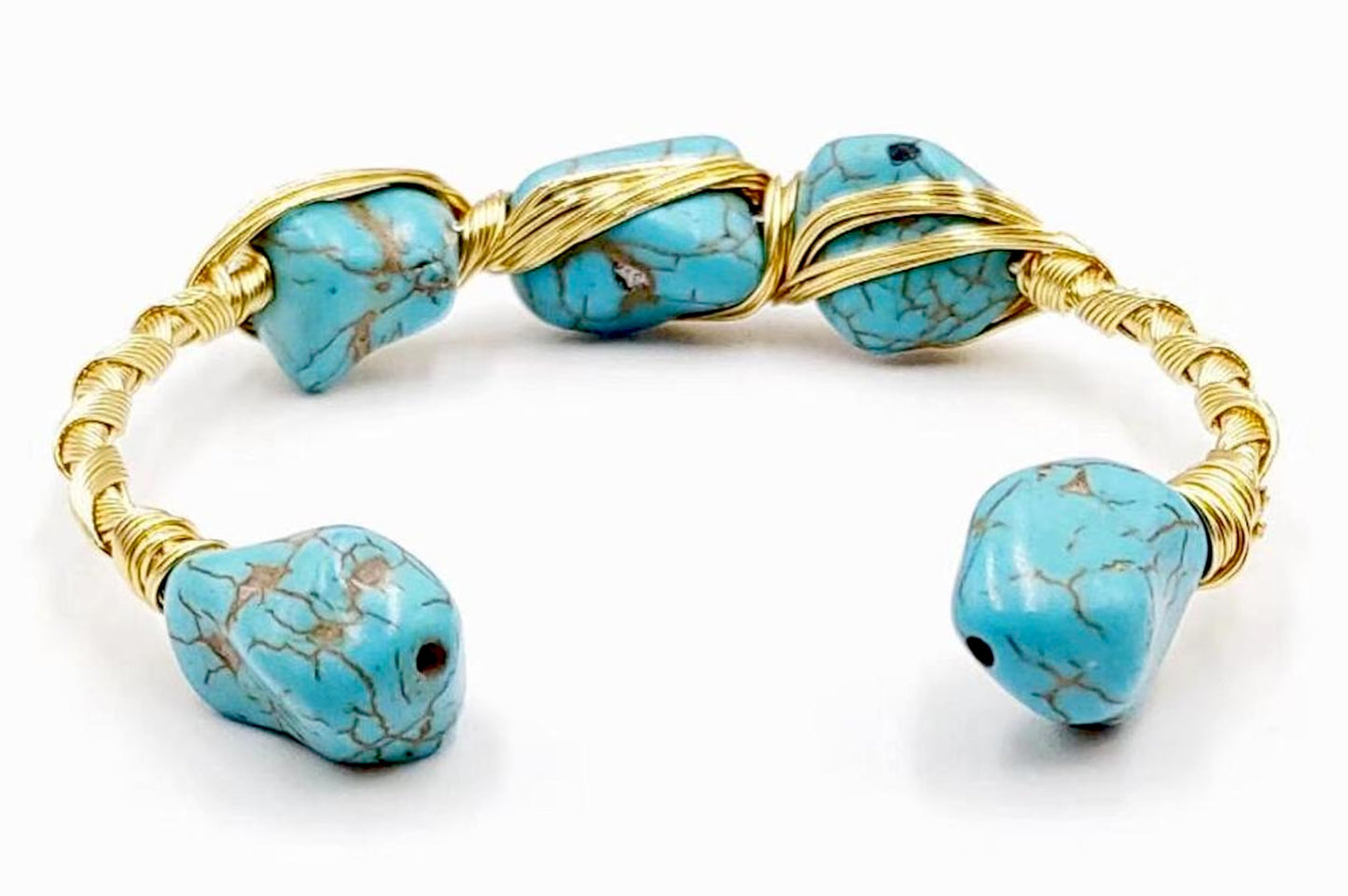 Natural Turquoise Bangle – December Birthstone Bracelet – Handmade Wire Wrapped Adjustable Bangle with 18k Gold Plating – Throat Chakra – Ethically Sourced Gemstone Jewelry Gift for Women & Moms