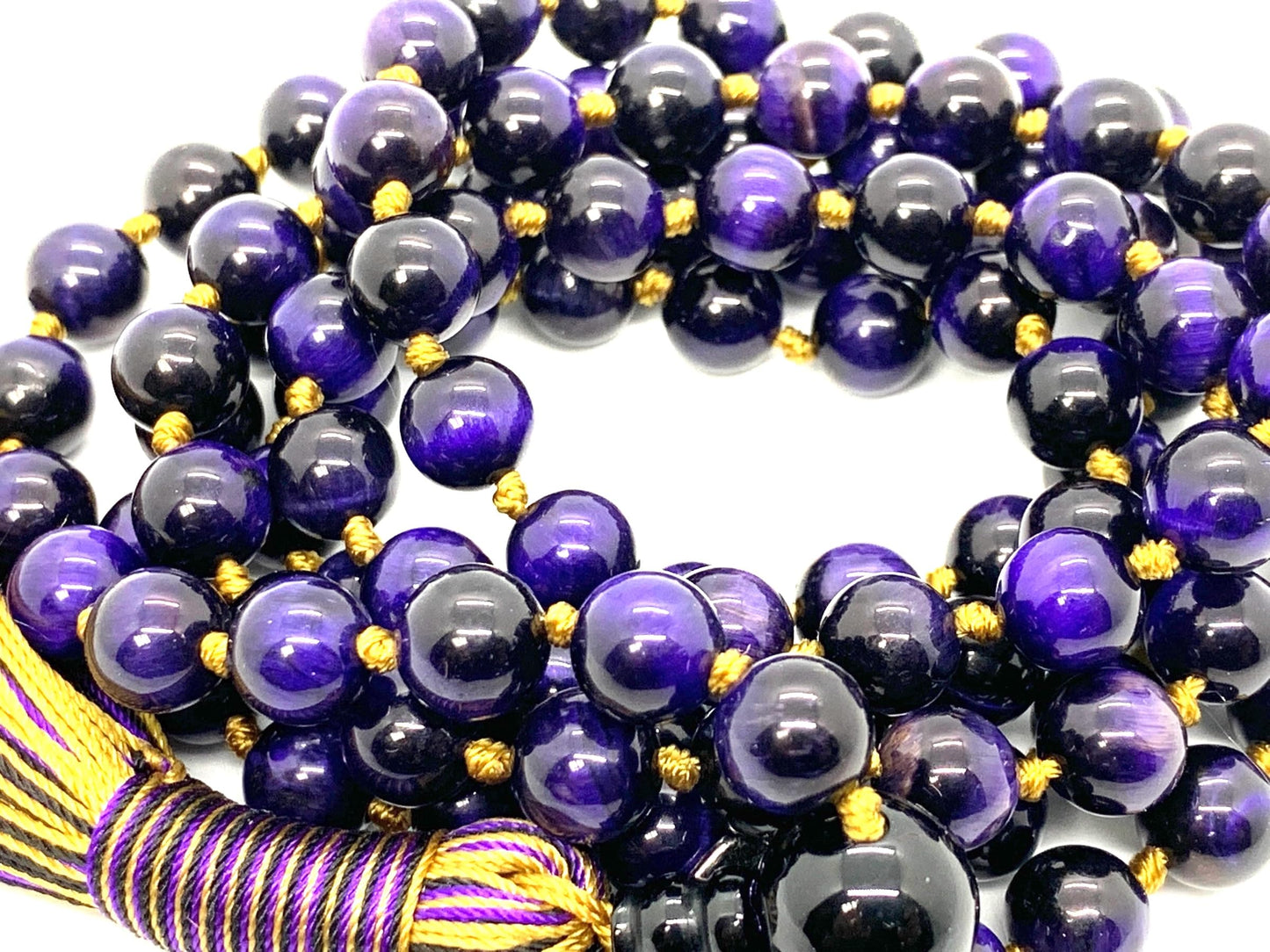 Hand Knotted Royal Guardian Mala – 8mm Purple Tiger’s Eye with Black Tourmaline Guru | 108 Beads | Third Eye & Root Chakras | February Birthstone Energy | Ethically Sourced