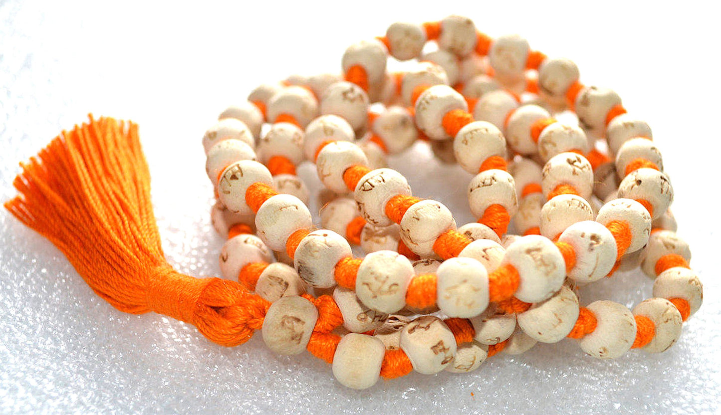 AWAKEN YOUR KUNDALINI Hand Knotted 8mm Tulsi Mala Necklace - Gemini Birthstone, Heart Chakra Alignment, Ram Engraving, Orange String & Tassel