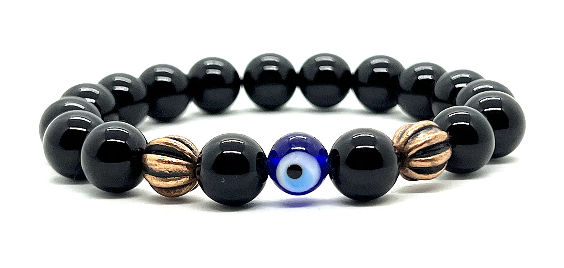 Evil Eye Black Onyx Bracelet | 8mm Beads | Protection Charm | Handmade USA | Root Chakra | Negative Energy Shield | Grounding | Strength | Confidence | Natural Stone | AYK