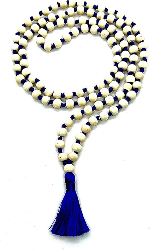 Tulsi Mala Beaded Necklace - Hand Knotted Tulasi Beads - 7 Chakra Mala (Blue String)