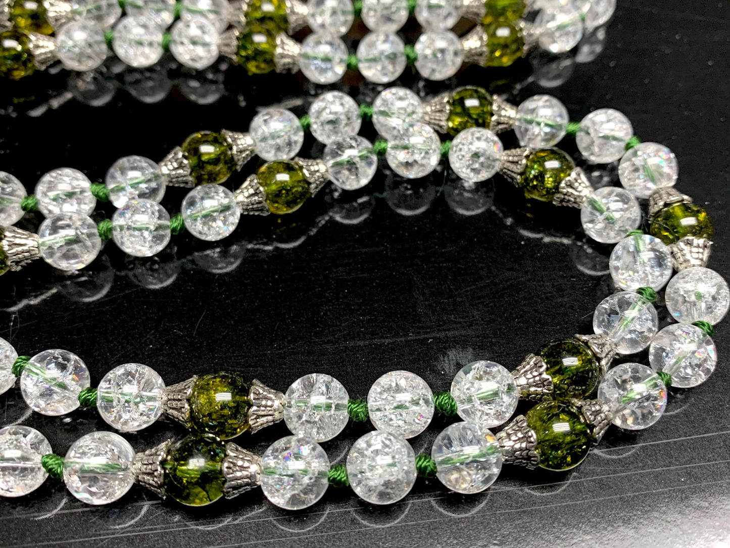 Himalayan Nirvana Mala Beaded Necklace – 8mm Ice Quartz & Peridot Beads | 8mm 108 Beads | Crown & Heart Chakras | August Birthstone Energy | Ethically Sourced
