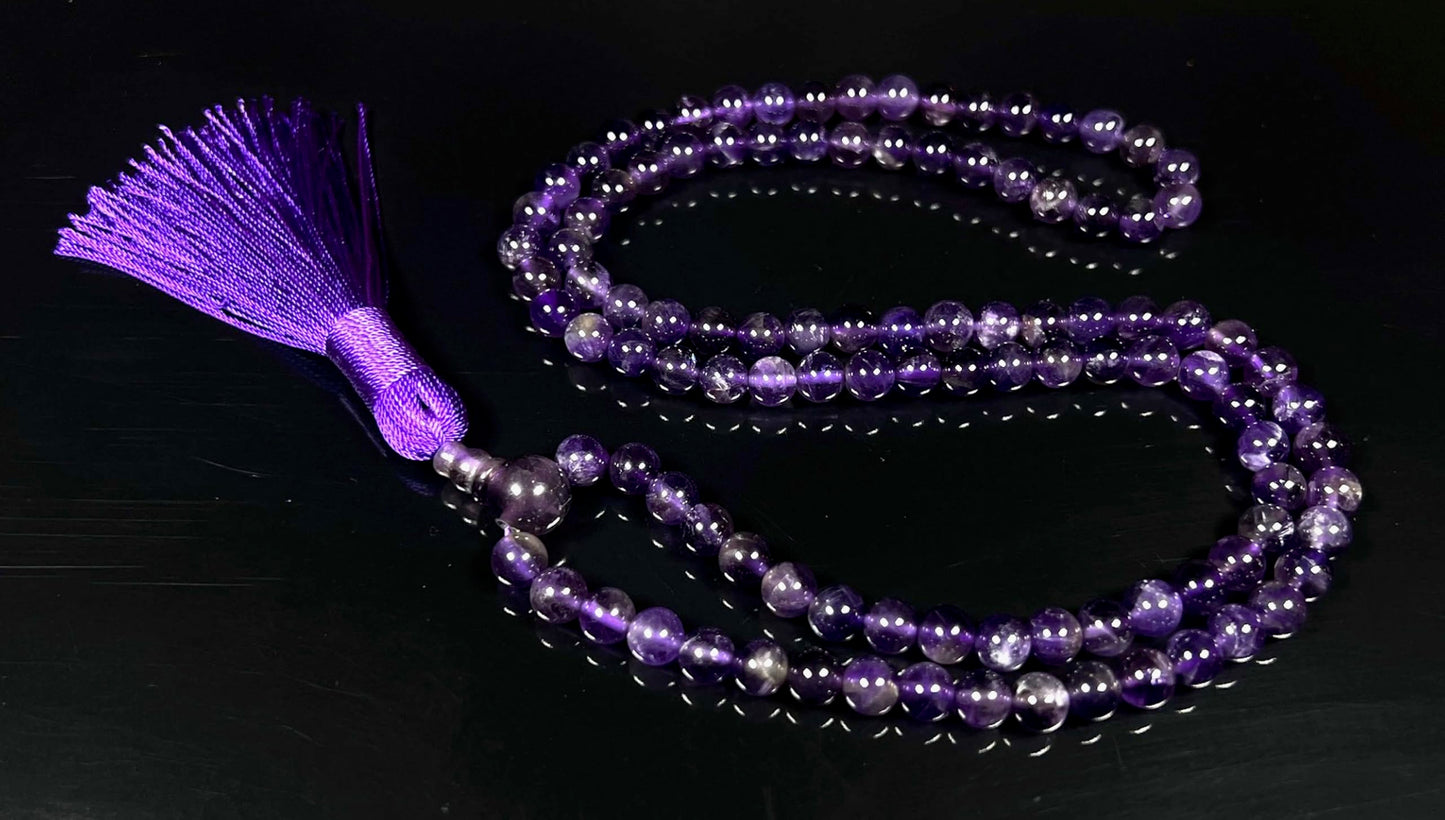 Handmade Amethyst Mala Beads Necklace - 6mm 108 Beads - Pisces Birthstone - Crown Chakra