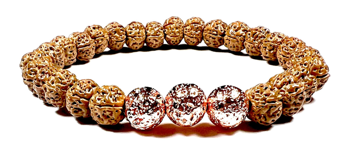 Handmade 5 Mukhi Chikna Rudraksha & Rose Gold Lava Bead Bracelet - Root Chakra Balance & Universal Birthstone - Strength & Harmony
