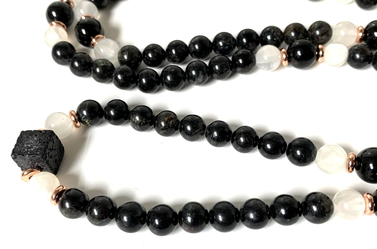 Stretchable Black Tourmaline & Selenite Mala Beads Necklace | 8mm 108 Beads | Root & Crown Chakras | Birthstone Energy | Ethically Sourced