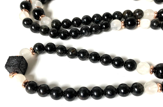 Black Tourmaline & Selenite Mala Beads Necklace | 8mm 108 Beads | VESTA & SHASHI Collection