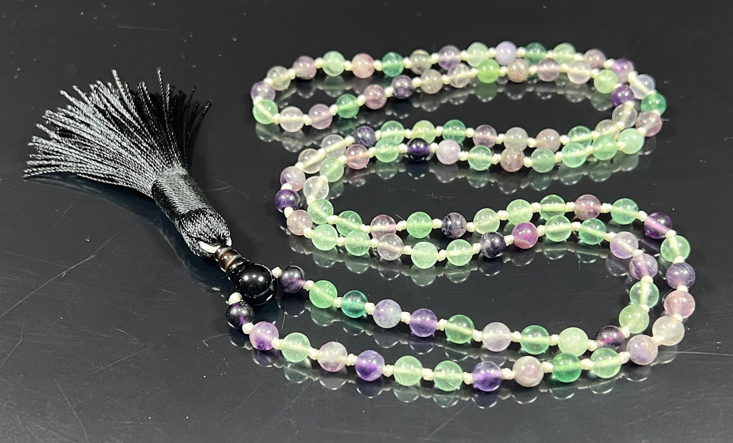 Embrace Balance: Hand-Knotted 6mm Rainbow Fluorite Mala Beads Necklace, Pisces Birthstone, Libra Astrological Sign, Heart and Third Eye Chakra