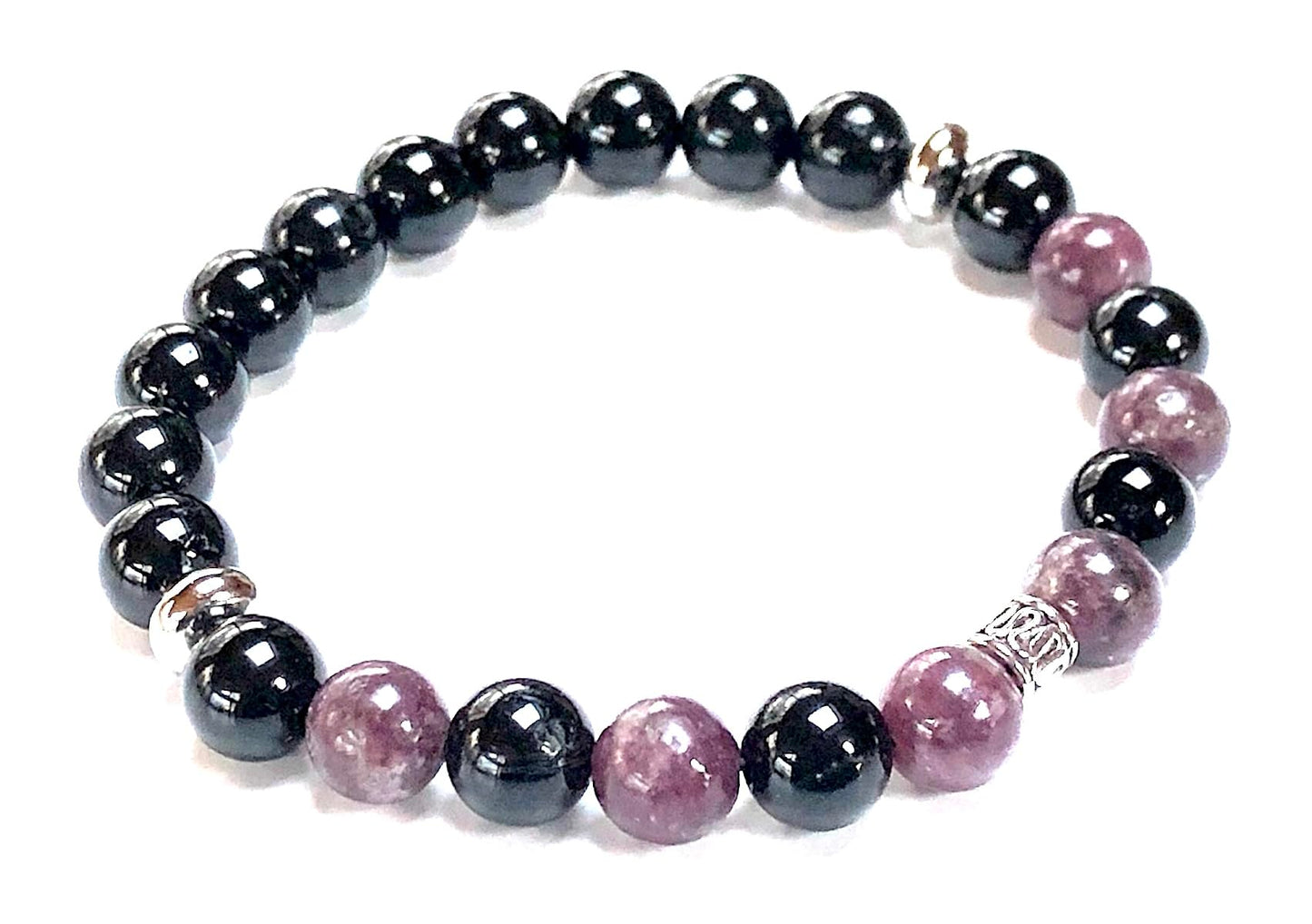 VESTA Black Tourmaline & Lepidolite Stretch Bracelet | Grounding & Emotional Balance | Root & Crown Chakra Healing | Handmade Crystal Jewelry | Unisex 8mm Beads