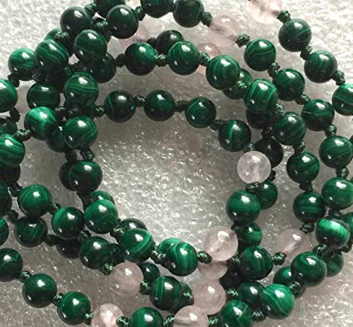 Malachite & Rose Quartz meditation mala necklace lifestyle shot showing length and drape for heart chakra healing