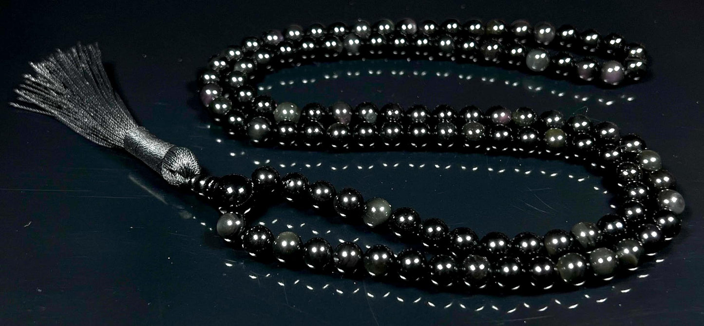 Handmade Rainbow Obsidian Mala Beads Necklace | 8mm 108 Beads | Spiritual Jewelry | Birthstone & Root Chakra Energy