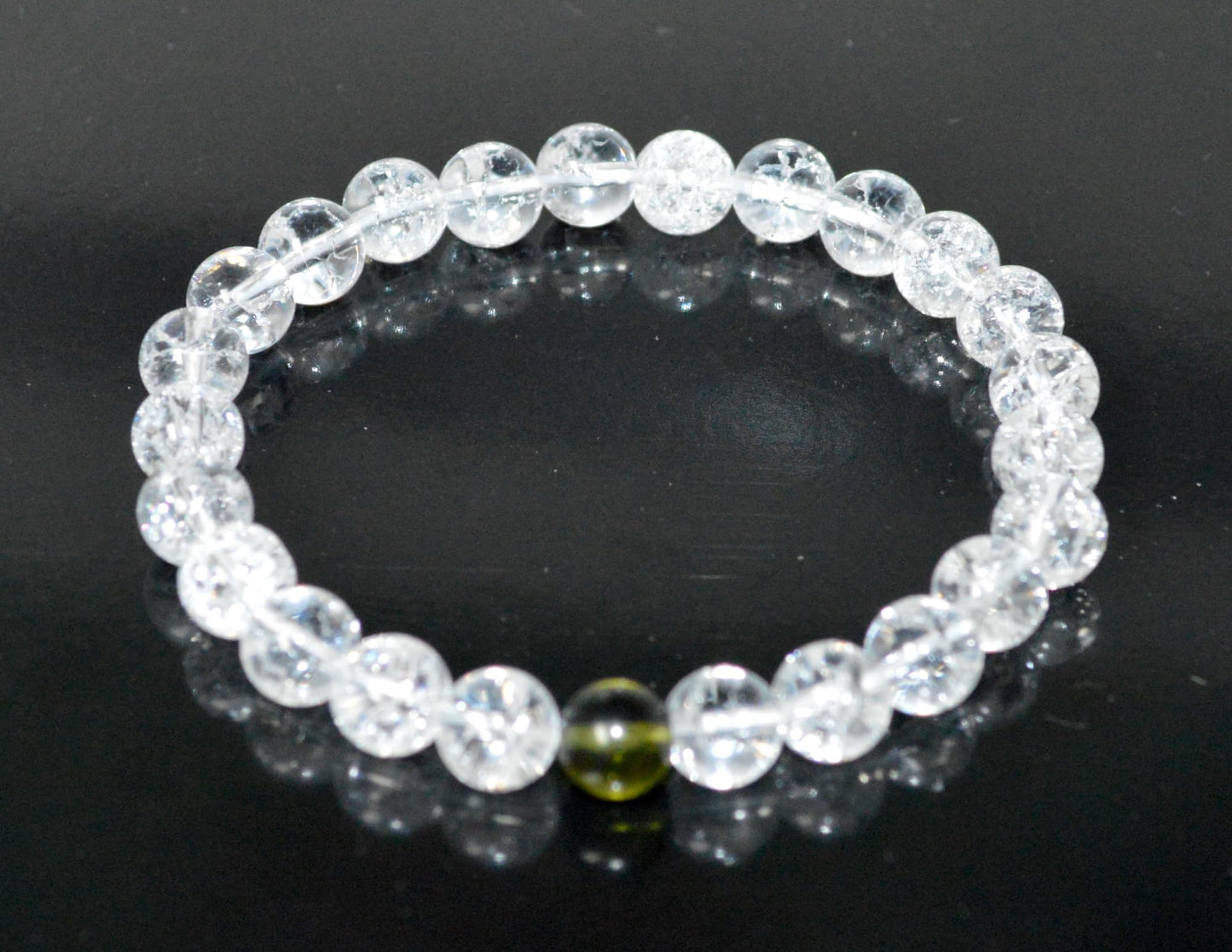 Himalayan Ice Crackled Crystal Quartz and Moldavite Stretch Bracelet – Taurus Birthstone – Universal Sun Sign – Heart Chakra, Spiritual Energy Bracelet