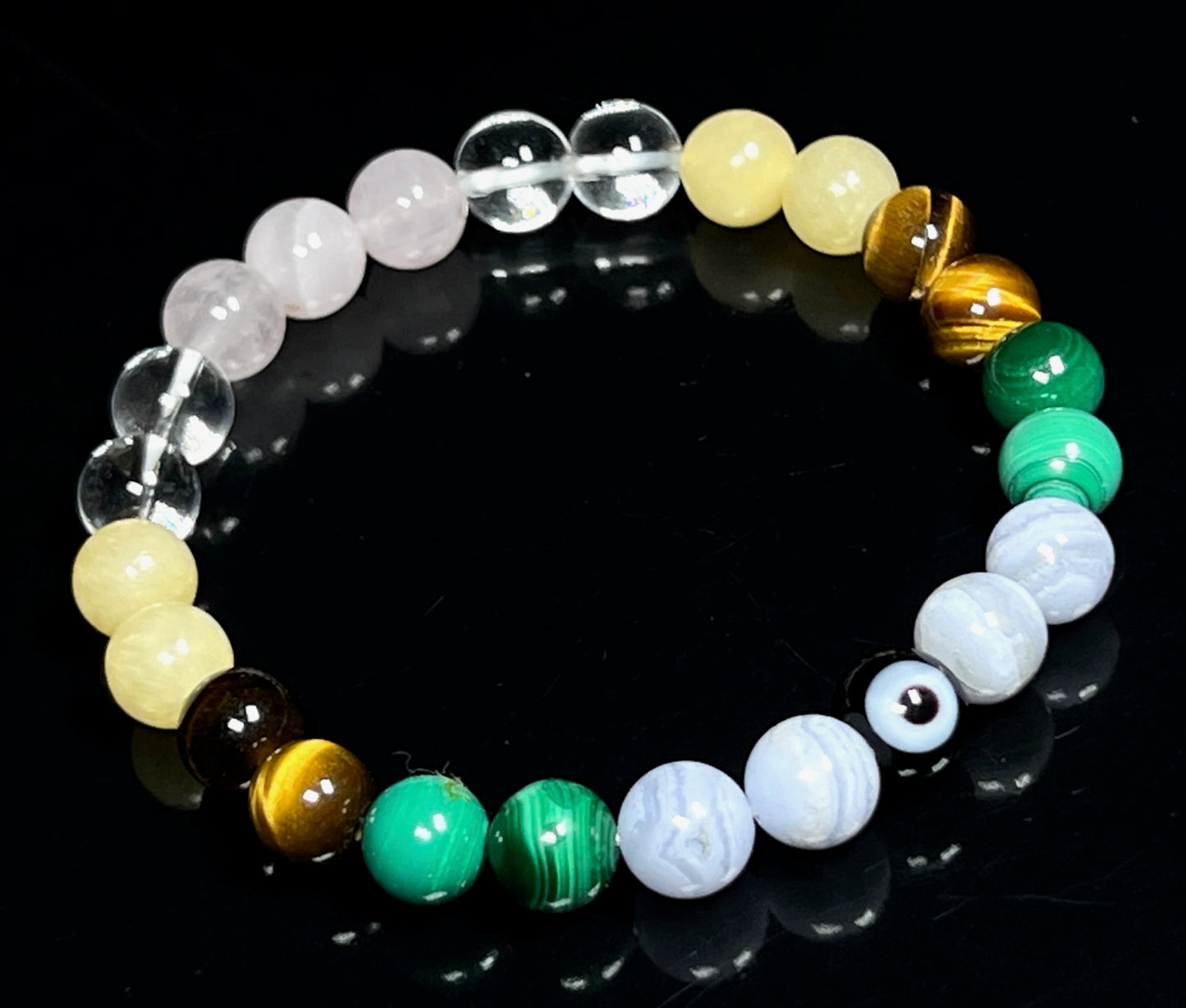 Awaken Your Kundalini Crystals For Happines - Beaded Bracelet - Malachite Tiger's Eye Calcite Blue Lace Agate Rose Quartz Evil Eye - Heart Chakra Stones, Happy Bracelet, Crystals for Joy
