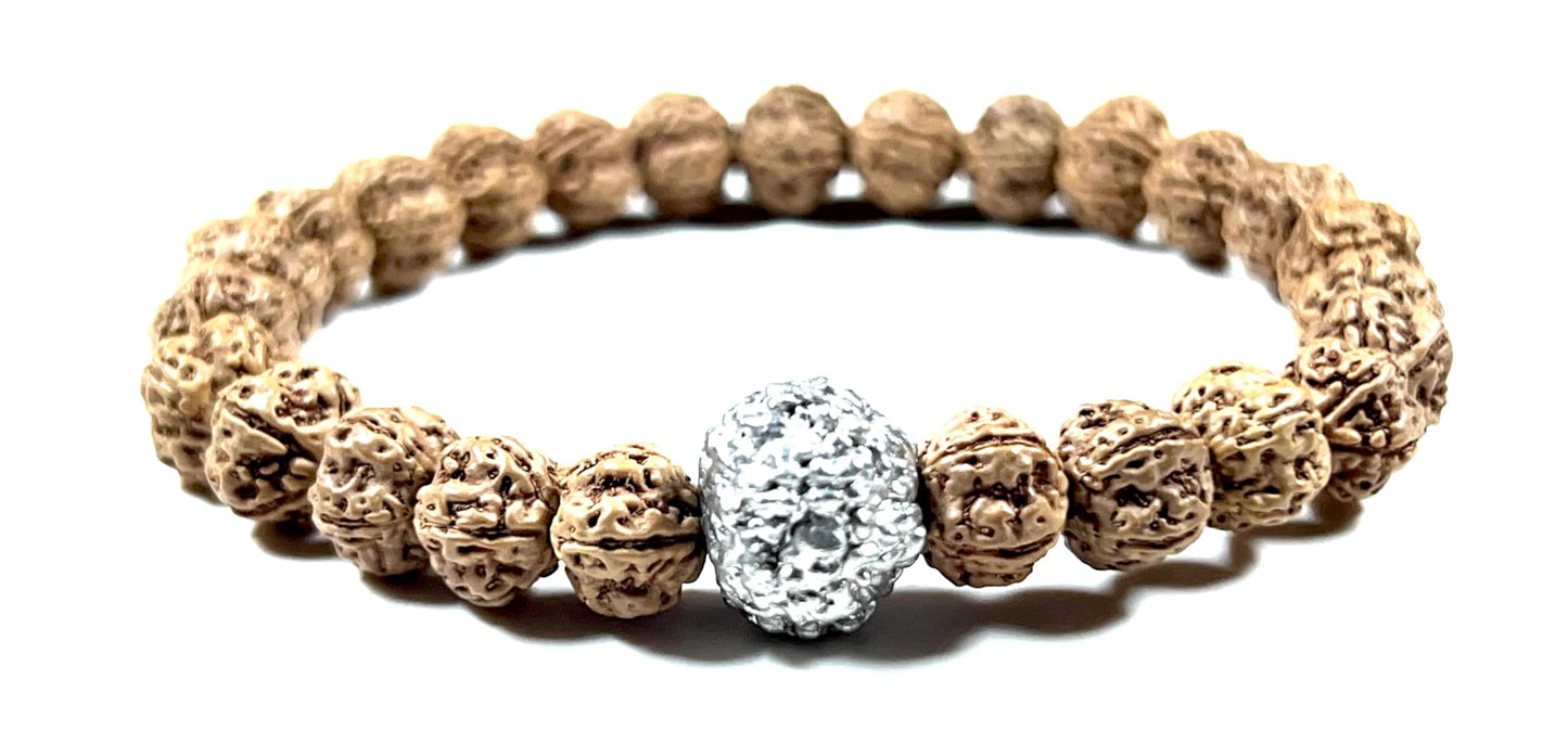 5 Mukhi Chikna Rudraksha with Parad (Mercury) Bead Stretch Bracelet – Leo Birthstone, Mercury Astrological Sign, Heart Chakra