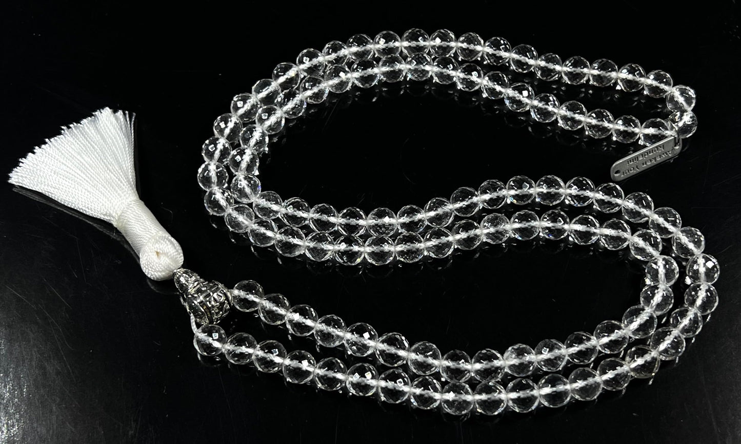 Awaken Your Kundalini Crystals Mala Beads Necklace Reiki Healing Stones Blessed & Energized Handmade 108 Buddhist Prayer Beads - Comes w/Velvet Pouch (Crystal Quartz Diamond cut, 8 mm)
