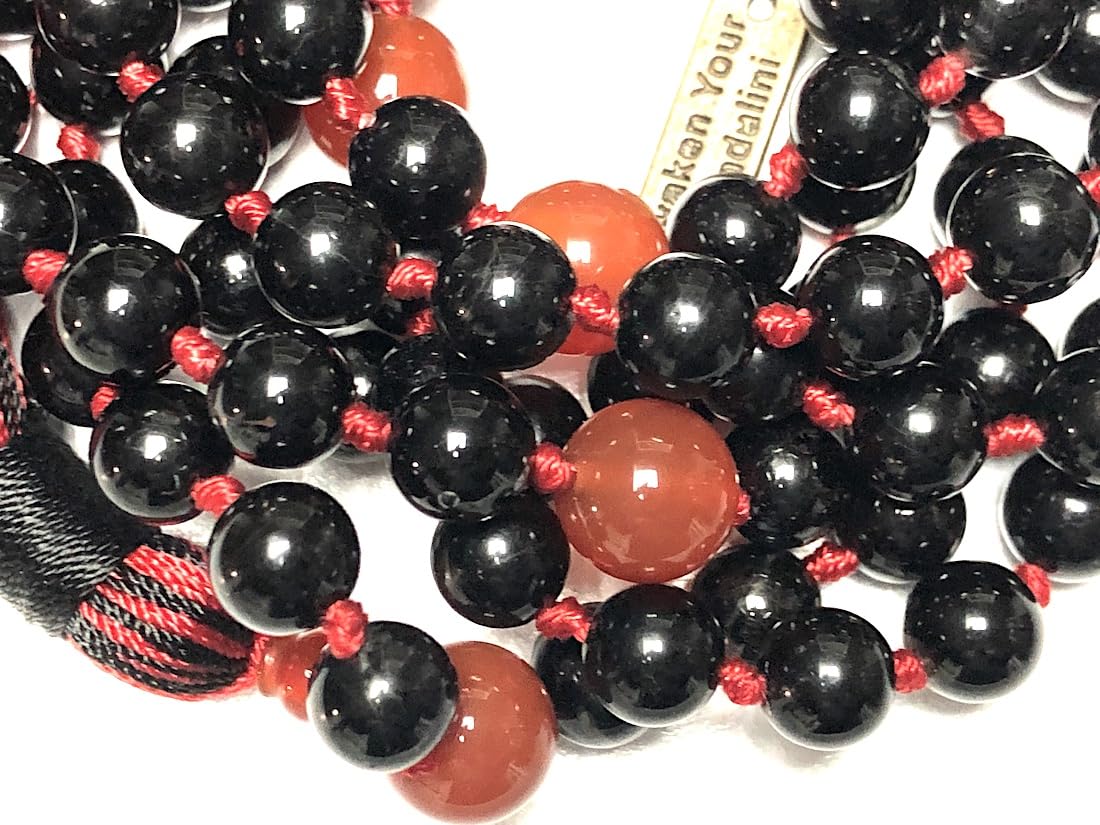 Hand-Knotted Black Tourmaline & Red Carnelian Mala Beads Necklace – 108 Beads – Scorpio & Aries Birthstone – Root & Sacral Chakra Energy Beads