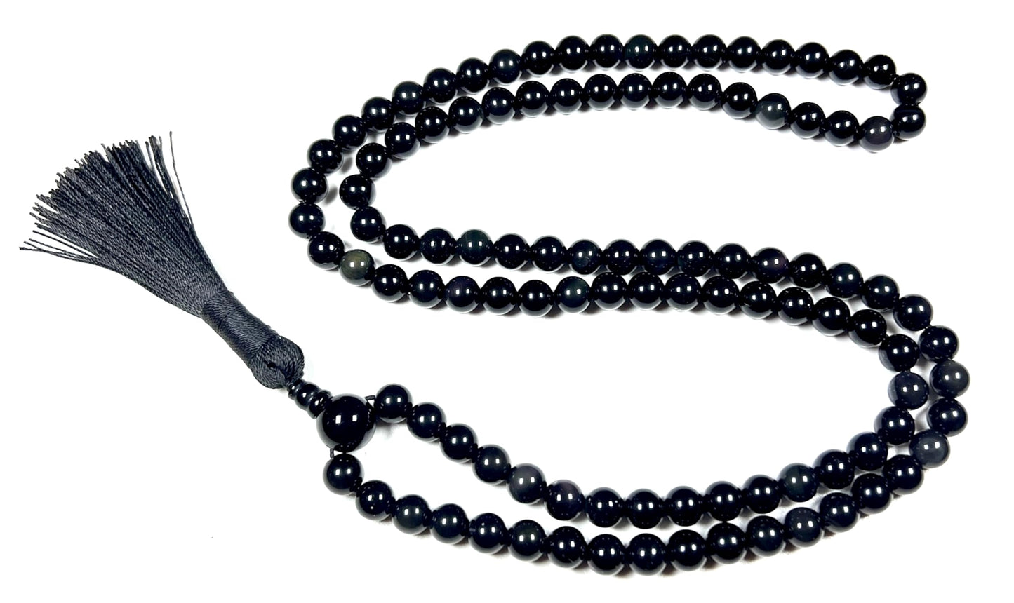 Handmade Rainbow Obsidian Mala Beads Necklace | 8mm 108 Beads | Spiritual Jewelry | Birthstone & Root Chakra Energy