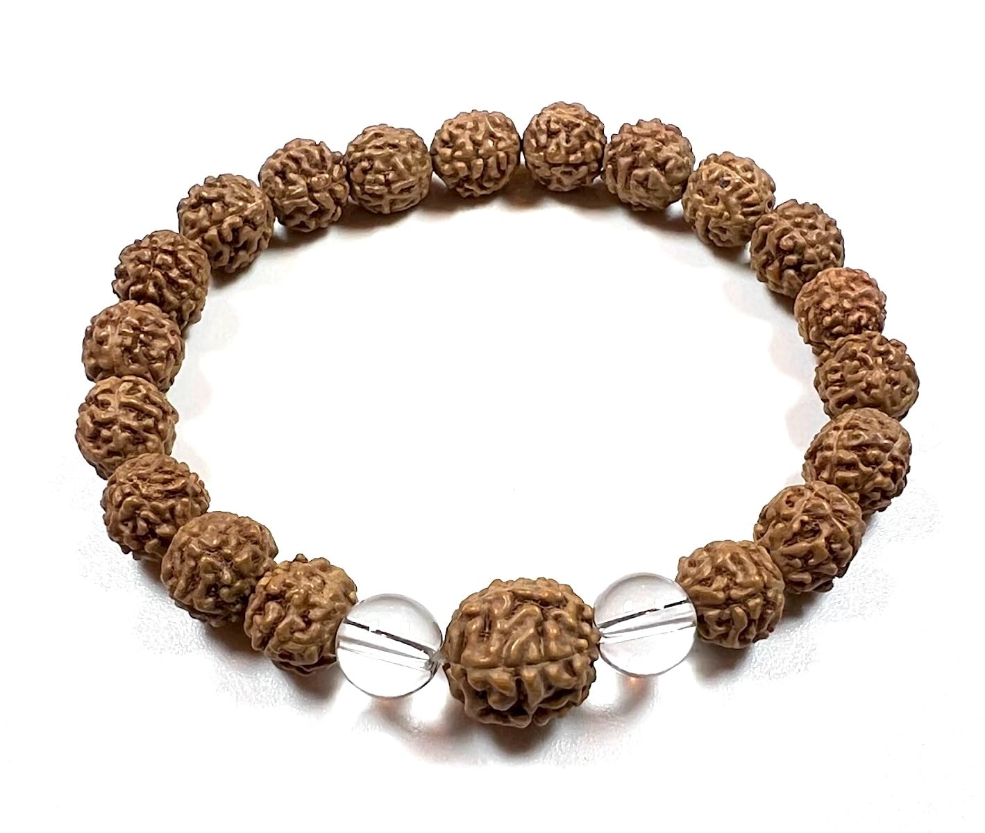 AWAKEN YOUR KUNDALINI Divine Harmony - Stretch Bracelet with Rudraksha & Crystal Quartz - 5 Mukhi, 7 Mukhi Rudraksha, April Birthstone, Taurus Gemstone, Root Chakra