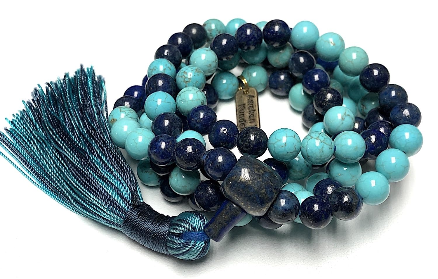 Lapis Lazuli Turquoise Mala Necklace 108 Beads Hand-Knotted Handmade USA AJNA VAAK Collection Third Eye Throat Chakra Inner Truth Communication Healing Meditation Natural Stone AYK