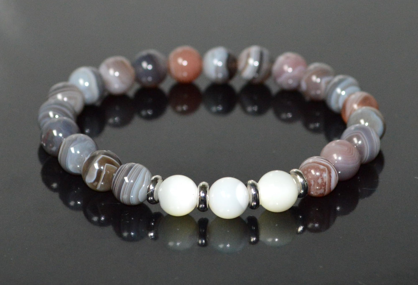 Botswana Agate and Mother of Pearl Stretch Bracelet - Gemini Birthstone for May - Heart Chakra - Astrological Sign Taurus