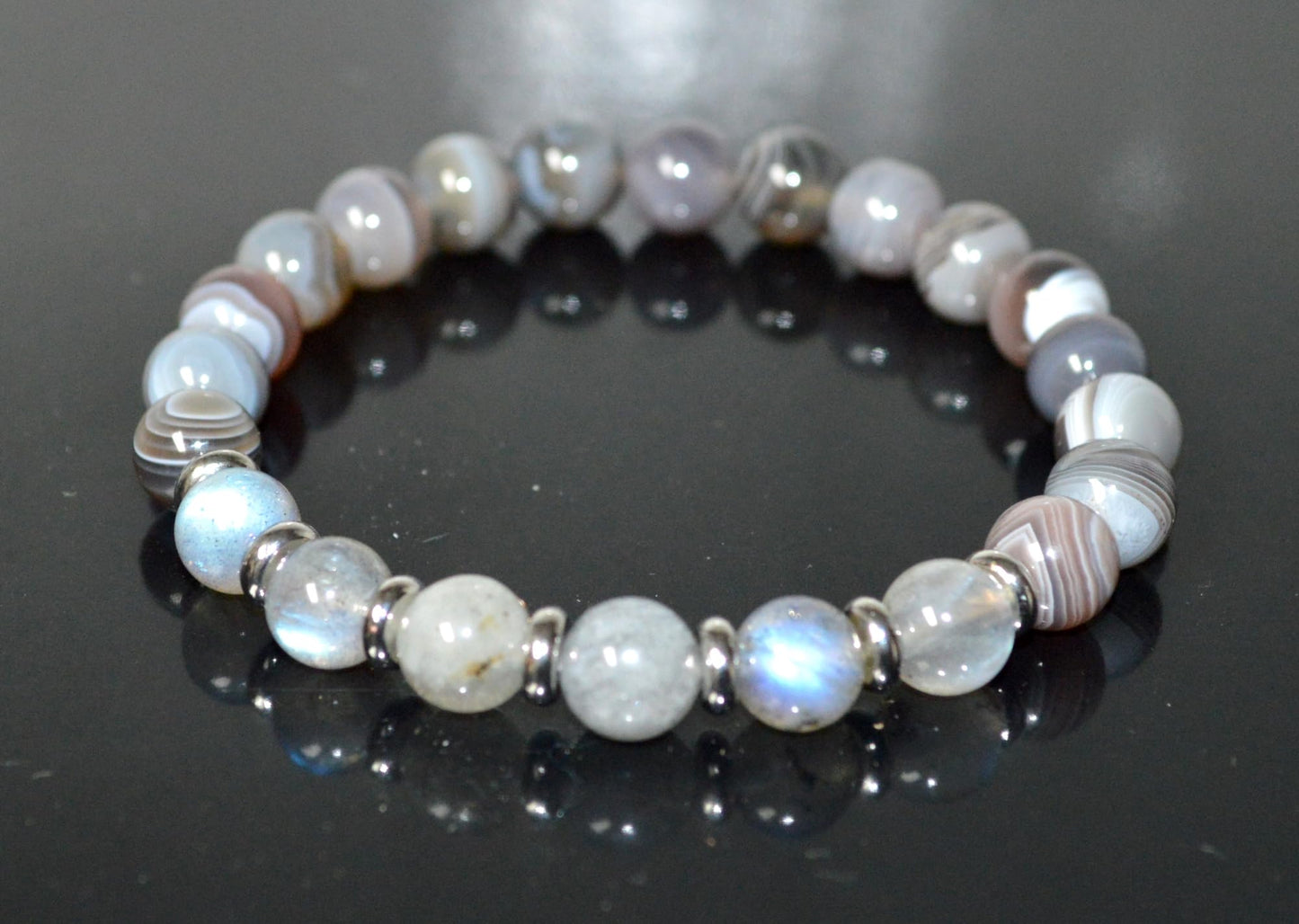 Botswana Agate & Labradorite Stretch Bracelet - Gemini & Pisces Birthstone - Root & Third Eye Chakra