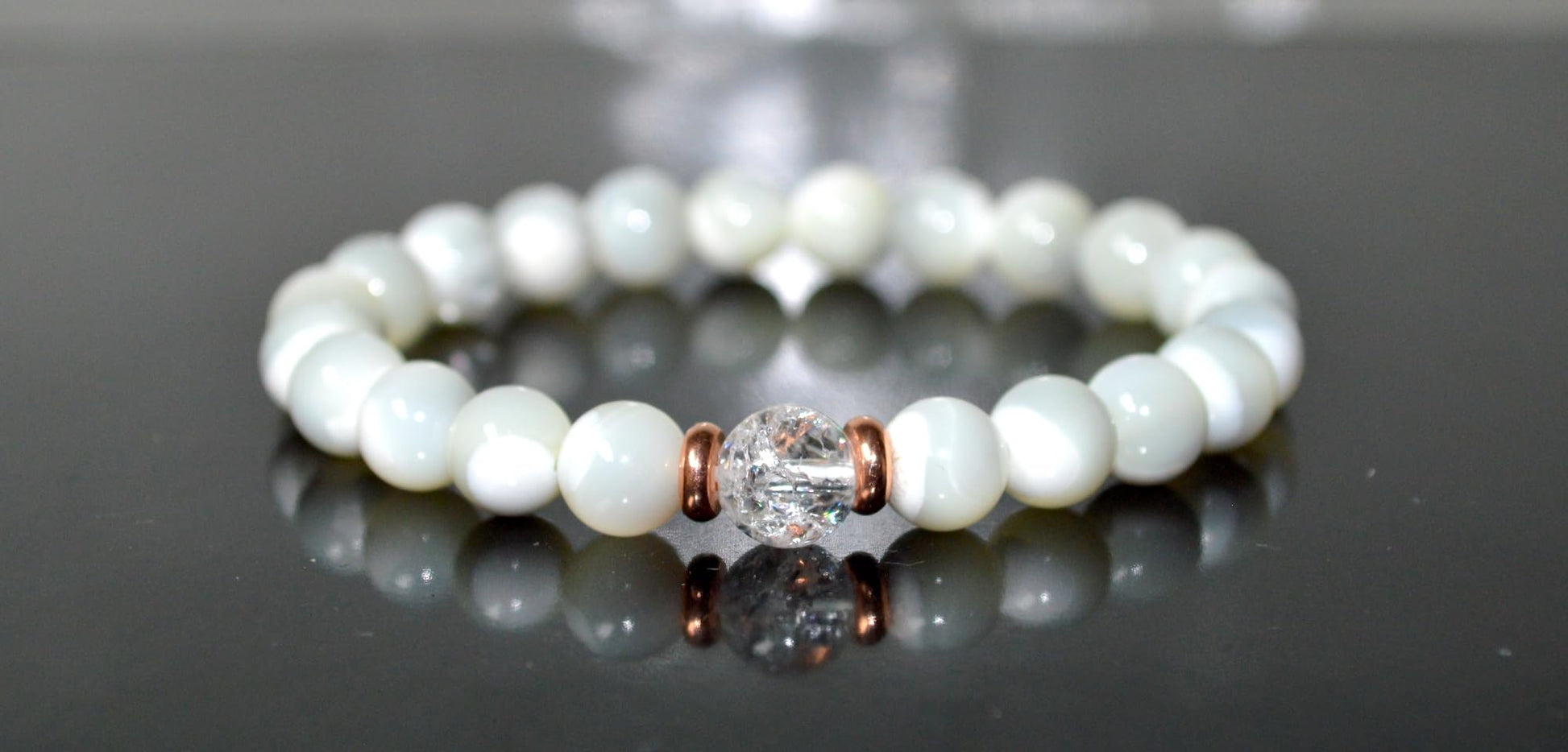 Gemini Cancer Mother of Pearl Himalayan Ice Crystal Quartz Bracelet - 8mm Natural Stone Hand-Knotted - VESTA Collection - Heart Crown Chakra Healing - Energy Protection Spiritual Awakening - Handmade USA - AYK