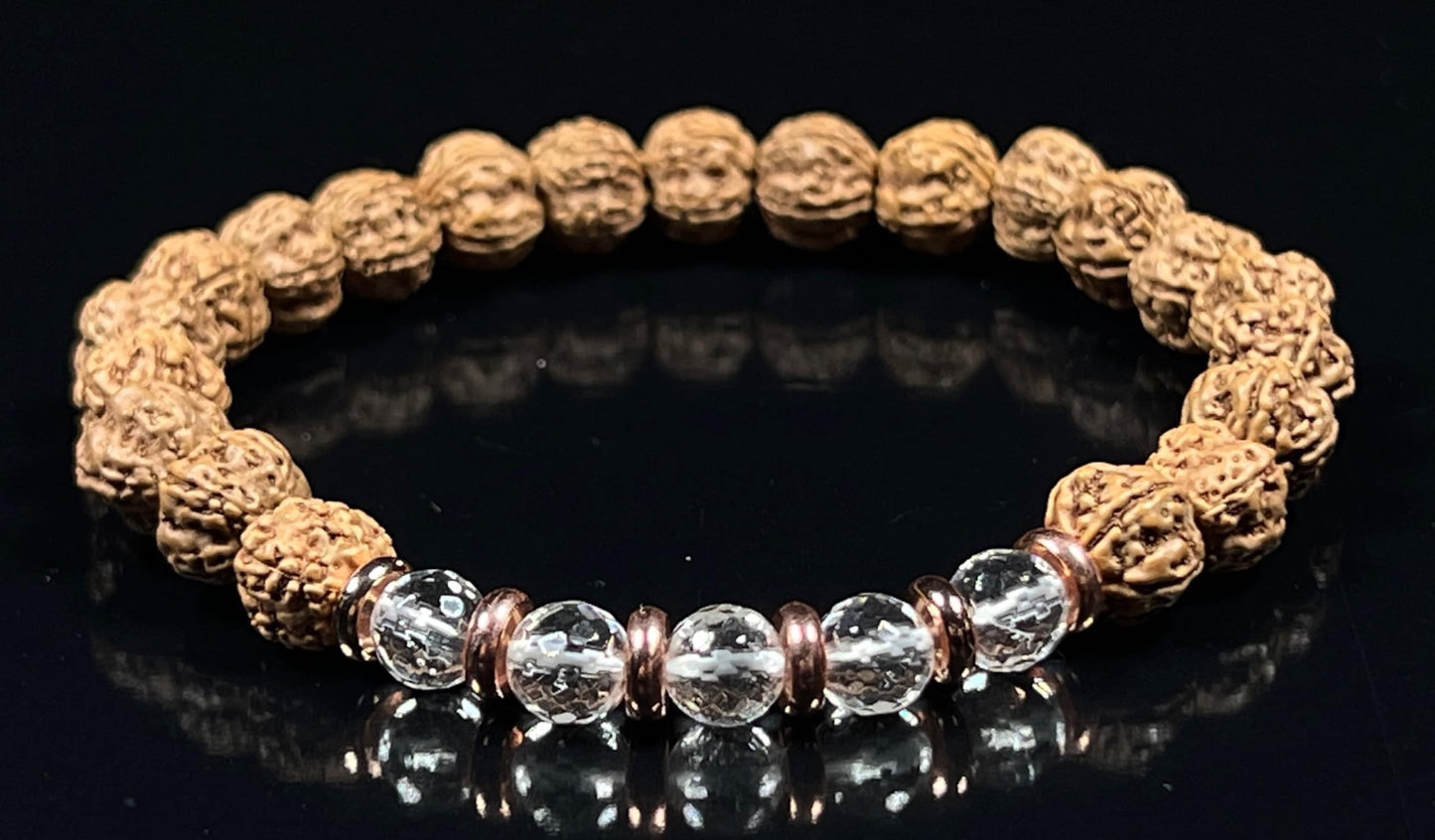 5 Mukhi Chikna Rudraksha Bracelet with Crystal Quartz | Stretch Beads for Balance & Clarity