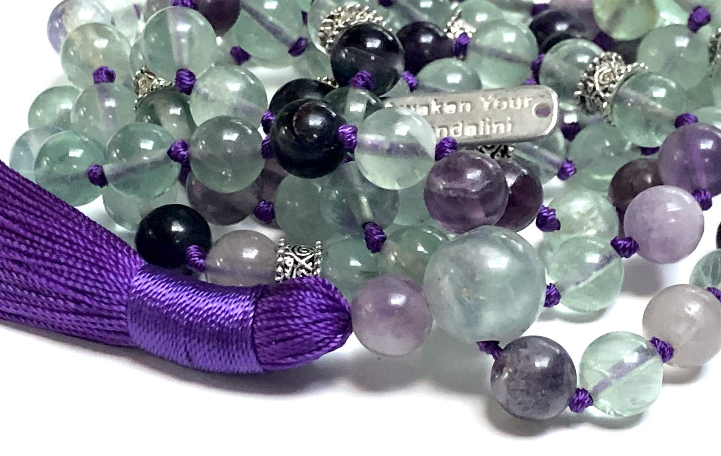 Hand-Knotted 8mm Rainbow Fluorite Mala Beads Necklace, Pisces Birthstone For February-March Heart and Third Eye Chakra