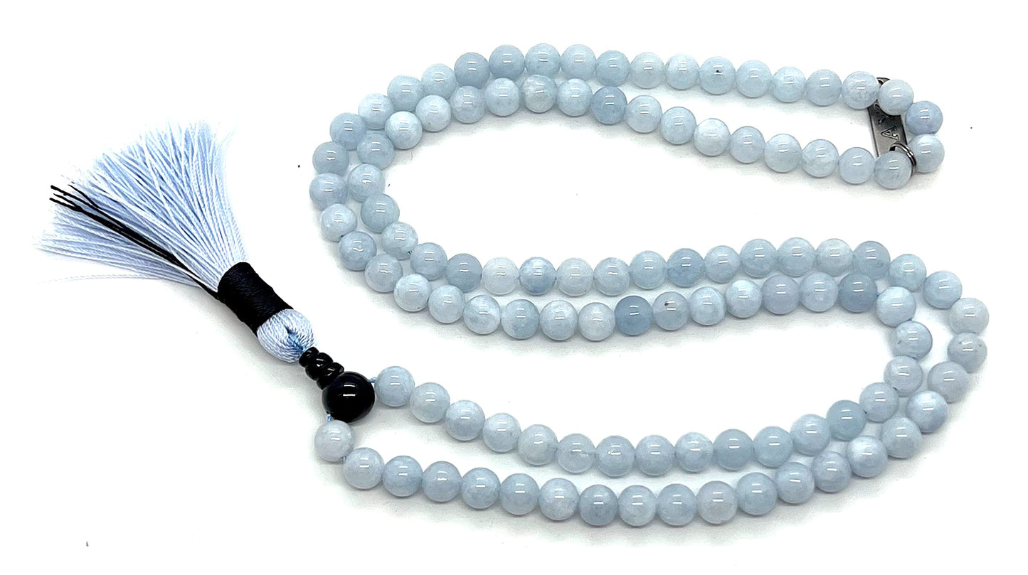AURA Aquamarine & Black Onyx Mala Necklace | 108 Hand-Knotted Beads for Clarity, Grounding & Compassion | Throat & Root Chakra | Pisces Birthstone | Handmade in USA