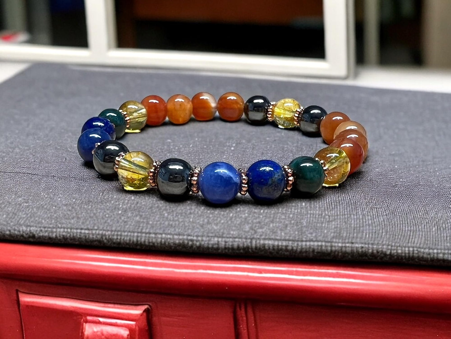 Celestial Harmony Bracelet with Lapis Lazuli, Citrine, Carnelian, Hematite, and Moss Agate Beads - Multi Chakra and Multi Birthstone Association