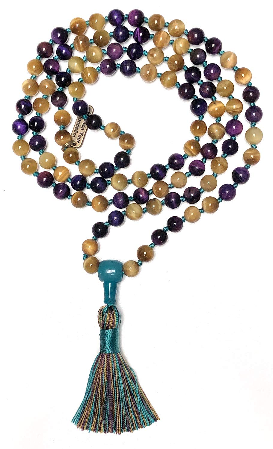 Embrace Balance and Beauty with this Exquisite Golden and Purple Tiger's Eye Mala Beads Necklace - Leo & Sagittarius Birthstone, Solar Plexus & Crown Chakra
