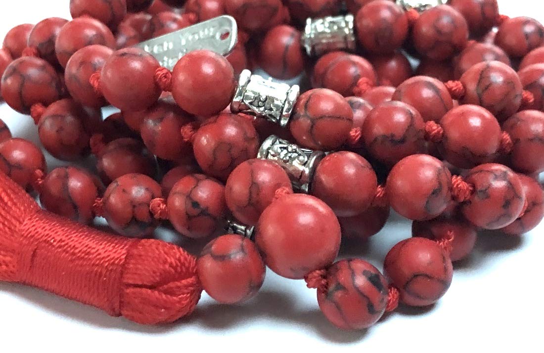 Hand Knotted Red Howlite Mala Necklace, 8mm 108 Beads with Zinc Alloy Spacers, 42-44 Inches - Taurus Birthstone, Gemini & Virgo Gemstone, Root Chakra