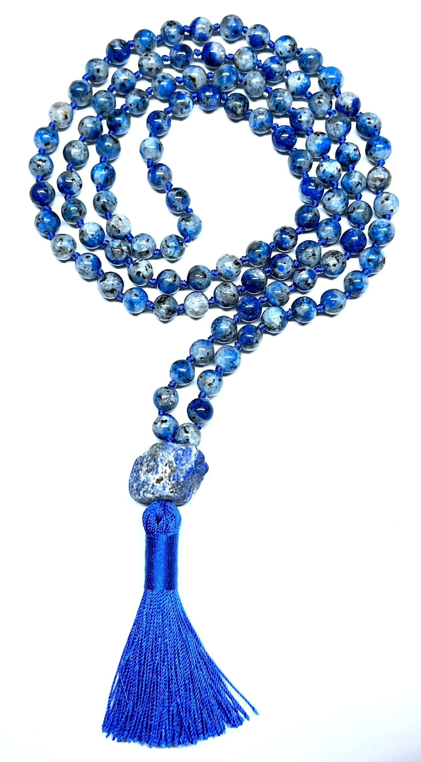 Natural K2 Gemstone Mala Beads Necklace – Virgo Birthstone – 108 Hand Knotted 8mm Beads – Third Eye Chakra – Ethically Sourced Spiritual Crystal Jewelry for Meditation & Style