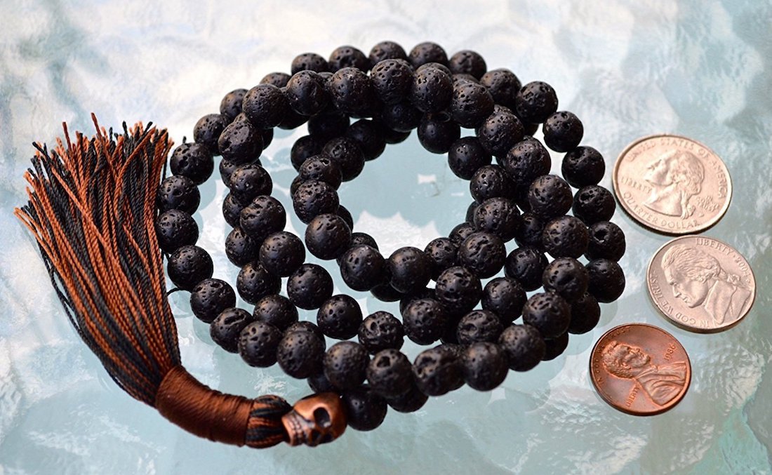 Natural Lava Rock Mala Detail 108 Beads Copper Skull VULCAN Collection Aromatherapy Diffuser Root Chakra Healing Volcanic Stone Spiritual Jewelry AYK Handmade USA Sacred Transformation