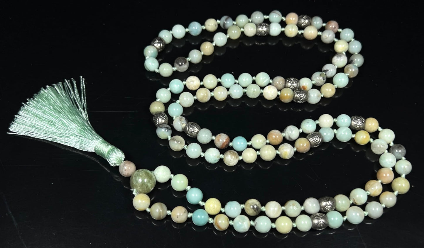 Hand-knotted Amazonite Mala Necklace 8mm 108 Beads - Virgo and Cancer Zodiac Sun Sign Crystal Gemstones