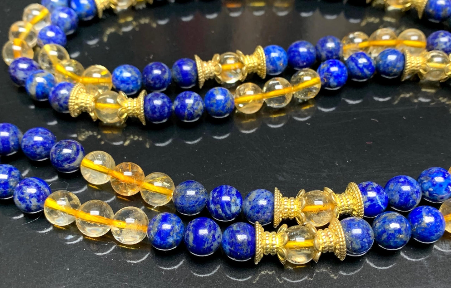 Handmade Golden Wisdom Mala Necklace – Citrine & Lapis Lazuli | 8mm 108 Beads | Solar Plexus & Throat Chakras | November & September Birthstones | Ethically Sourced
