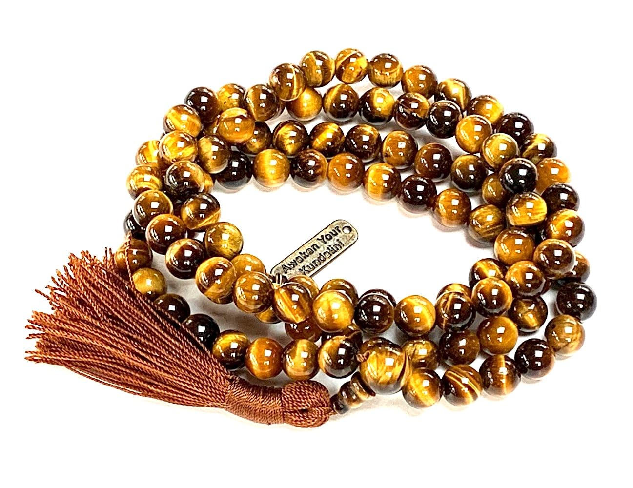 AWAKEN YOUR KUNDALINI Tiger's Eye Mala Beads Necklace - 3rd Chakra Throat Chakra 108 Prayer Beads - Grounding, Will Power, Intuition