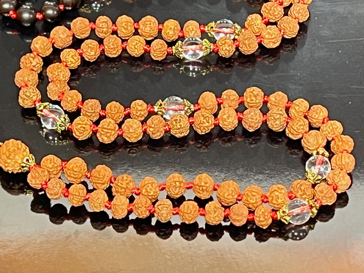 Black Tourmaline, Crystal Quartz & 5 Mukhi Rudraksha Mala Necklace (8mm Beads) - Universal Protection, Purification, and Inner Peace