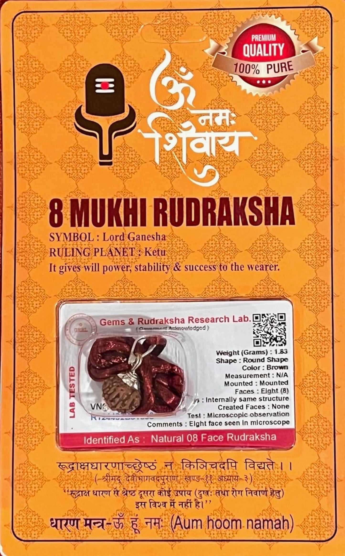 Certified 8 Mukhi Rudraksha Pendant Necklace (Eight Faces) - Embrace Abundance & Prosperity