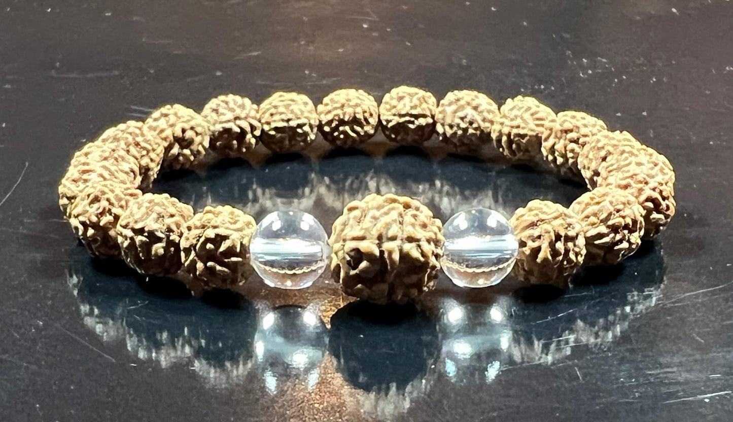 AWAKEN YOUR KUNDALINI Divine Harmony - Stretch Bracelet with Rudraksha & Crystal Quartz - 5 Mukhi, 7 Mukhi Rudraksha, April Birthstone, Taurus Gemstone, Root Chakra