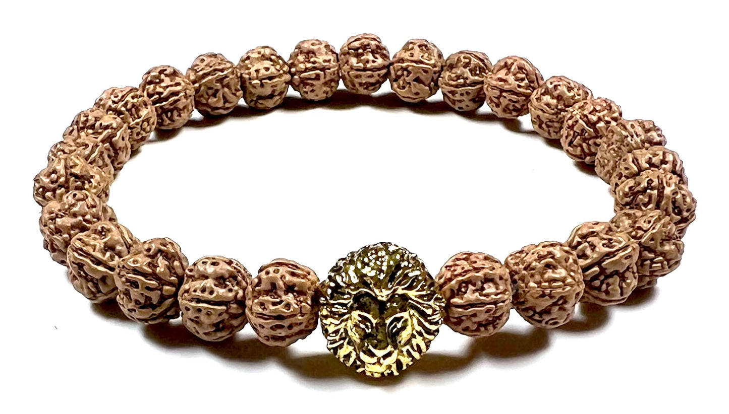Unleash Inner Strength & Grounding: Handmade 5 Mukhi Rudraksha & Golden Polished Lion Head Bracelet (8mm) - Root Chakra & Universal Sun Sign